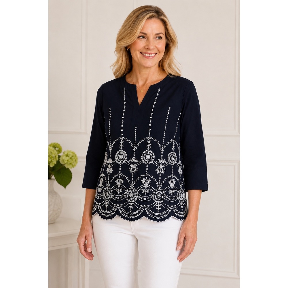 Talbots Petite Navy Blue Embroidered Eyelet Blouse Boho Minimalist XLP Top